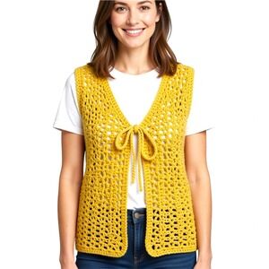 Handmade‎ Yellow Crochet Sweater Vest Boho Front Tie V-Neck Sleeveless Medium